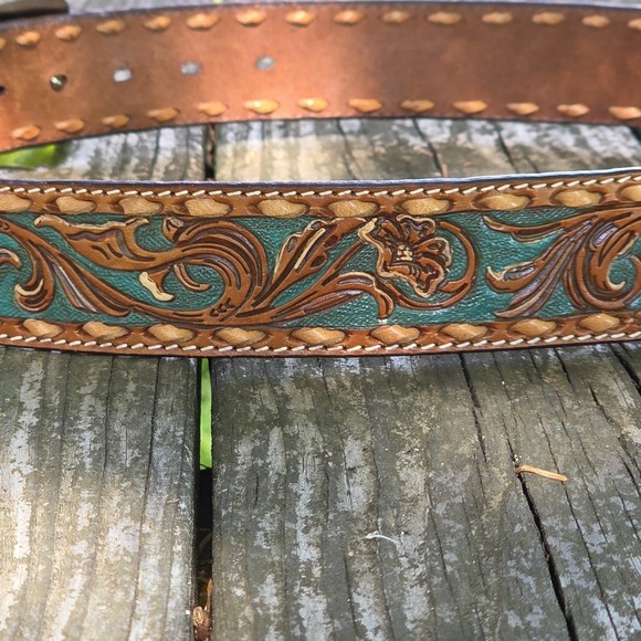 Hooey Sonoma Tooled Leather Silver Buckle Women\'s Size L Tourquise Tan Stitched main image 12